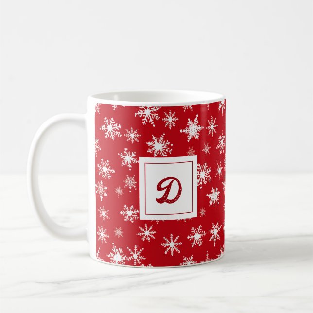 Personalized Monogram Xmas Snowflake Red Pattern  Coffee Mug (Left)