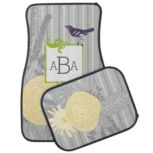 Personalized Monogram Yellow and Gray Floral Car Mat