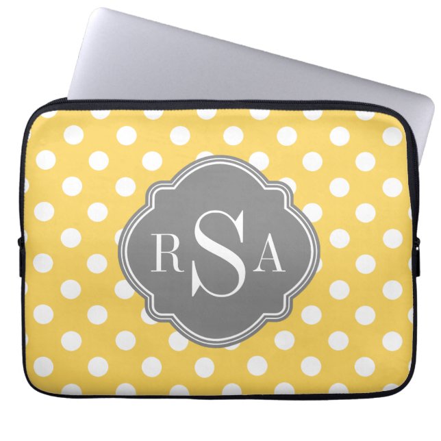 Personalized Monogram Yellow Polka Dots Pattern Laptop Sleeve (Front)