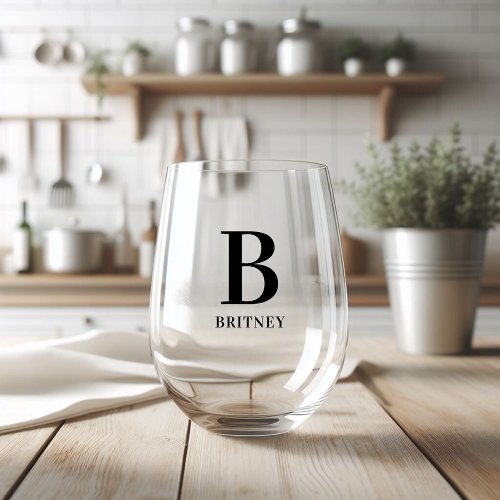 Personalized Monogramed Black  Stemless Wine Glass