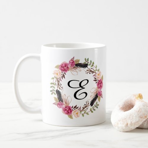 Personalized monogramed feather Bridesmaid Boho Coffee Mug