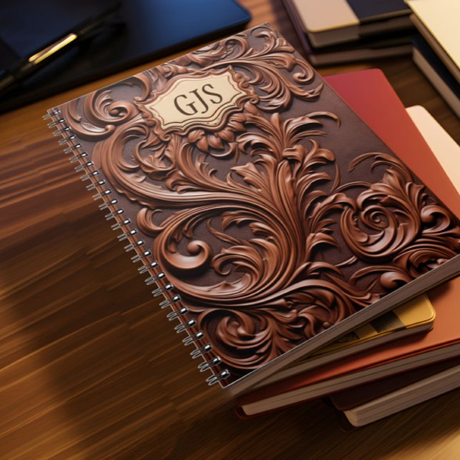 Personalized Monogramme Faux Leather Notebook (Faux brown leather notebook with monogramme lies on a desk with other books)