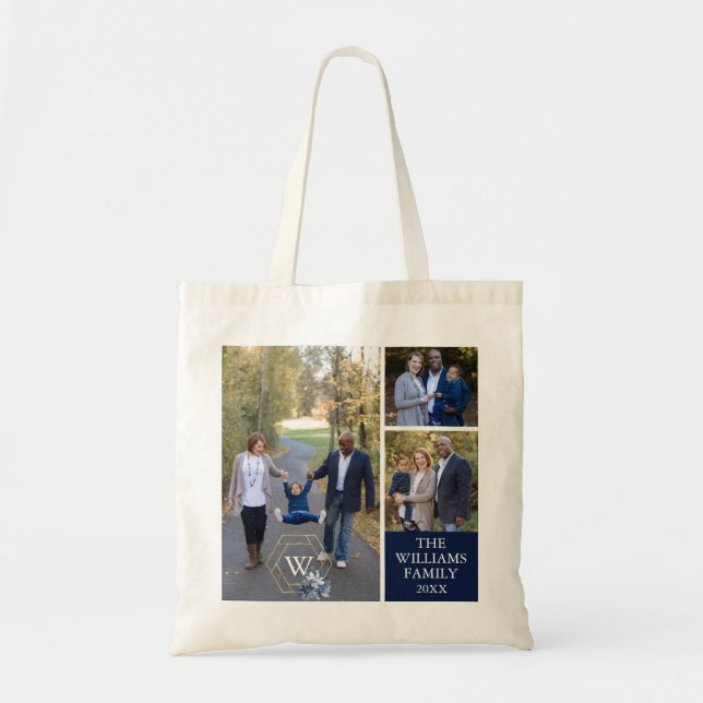 Personalized Monogrammed 3 Family Photo Collage Tote Bag (Front)