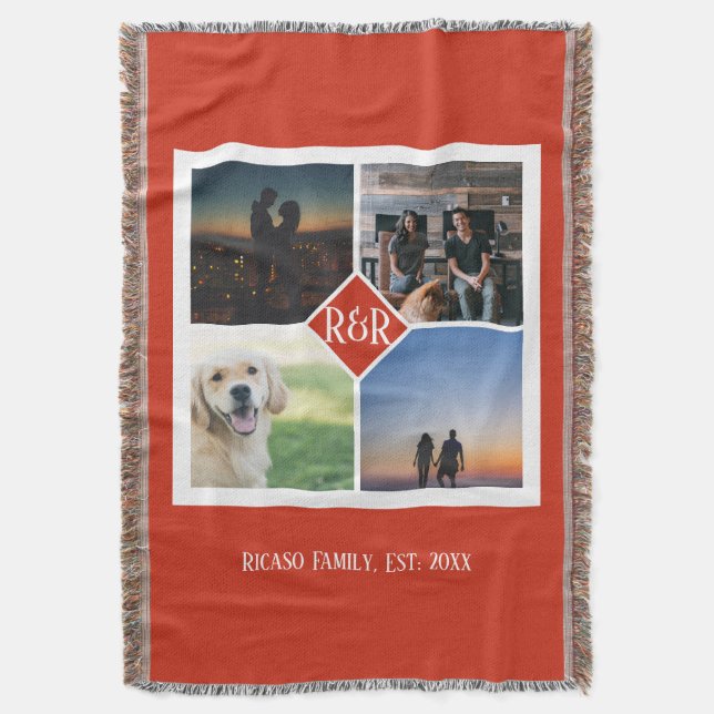 Personalized Monogrammed 4 Photo Collage Throw Blanket (Front Vertical)