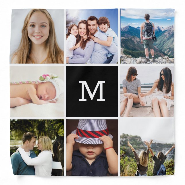 Personalized Monogrammed 8 Photo Collage Black Bandana (Front)