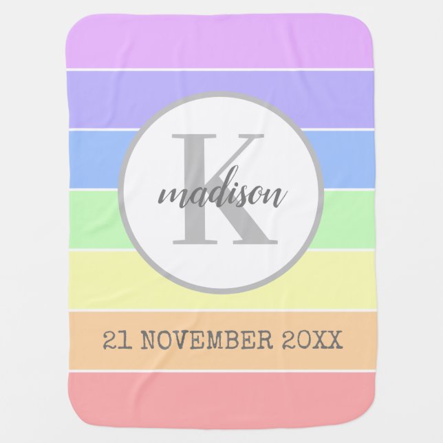 Personalized Monogrammed Birthyear rainbow stripes Baby Blanket (Front)