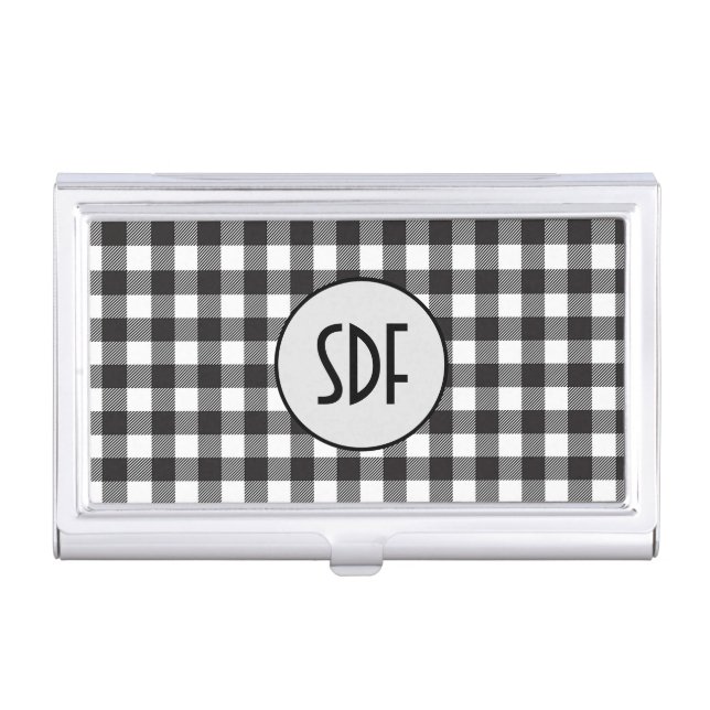 Personalized Monogrammed Black and White Plaid Business Card Case (Front)