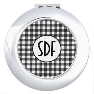 Personalized Monogrammed Black and White Plaid Compact Mirror