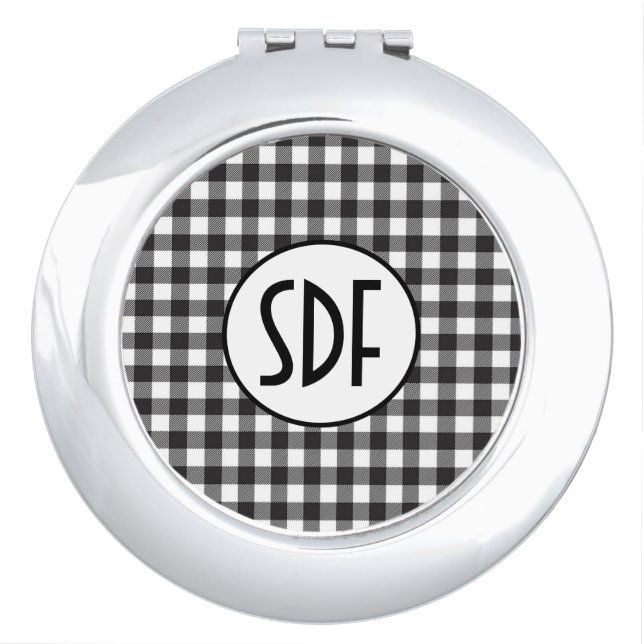 Personalized Monogrammed Black and White Plaid Compact Mirror (Front)
