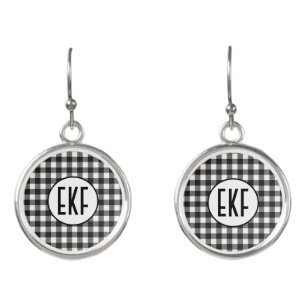 Personalized Monogrammed Black and White Plaid Earrings