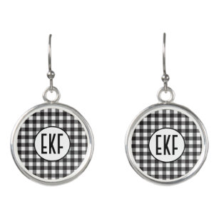 Personalized Monogrammed Black and White Plaid Earrings