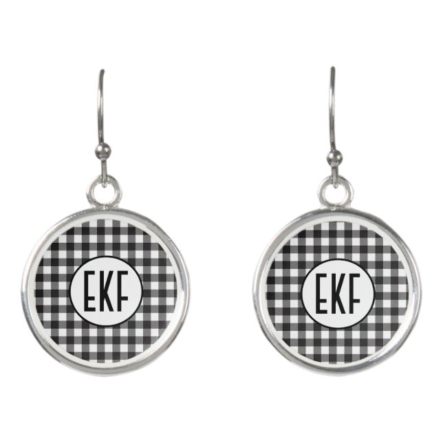 Personalized Monogrammed Black and White Plaid Earrings (Front)