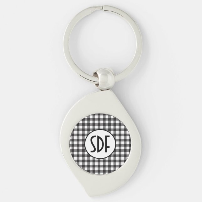 Personalized Monogrammed Black and White Plaid Keychain (Front)