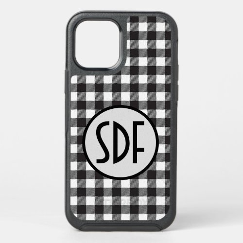 Personalized Monogrammed Black and White Plaid OtterBox Symmetry iPhone 12 Case