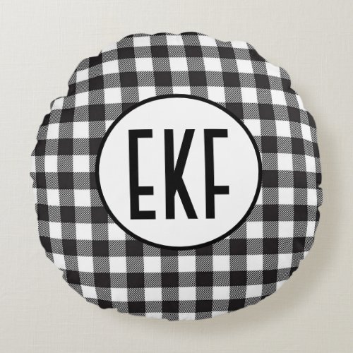 Personalized Monogrammed Black and White Plaid Round Pillow