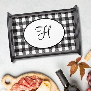 Personalized Monogrammed Black and White Plaid Serving Tray