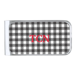 Personalized Monogrammed Black and White Plaid Silver Finish Money Clip