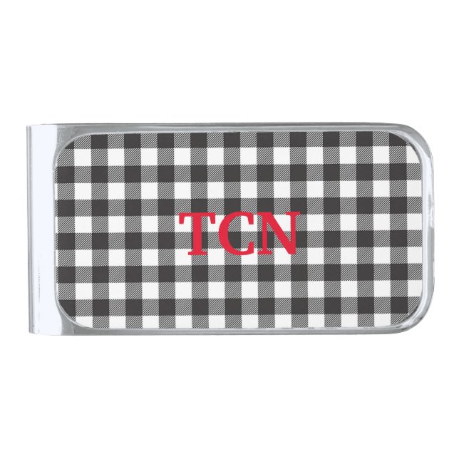 Personalized Monogrammed Black and White Plaid Silver Finish Money Clip (Front)