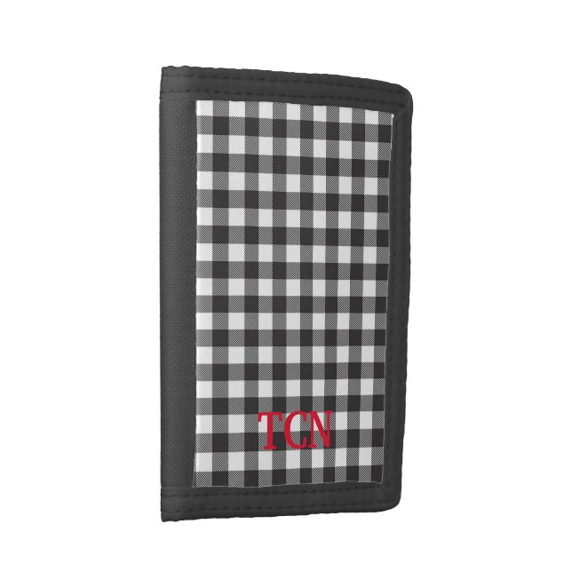 Personalized Monogrammed Black and White Plaid Trifold Wallet (Side)