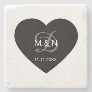 Personalized Monogrammed Black Heart Wedding Favor Stone Coaster