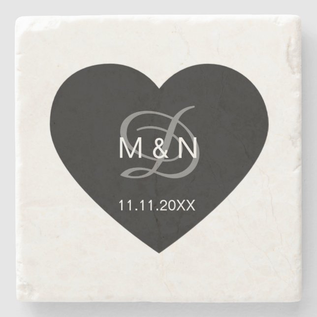 Personalized Monogrammed Black Heart Wedding Favor Stone Coaster (Front)