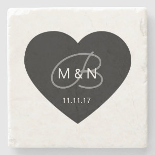 Personalized Monogrammed Black Heart Wedding Favor Stone Coaster