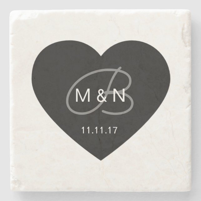 Personalized Monogrammed Black Heart Wedding Favor Stone Coaster (Front)