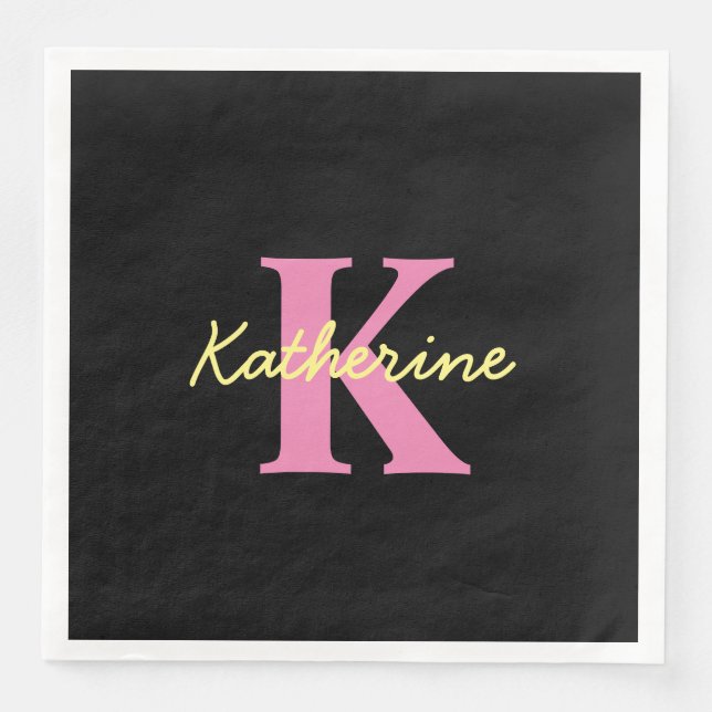 Personalized Monogrammed Black Modern Paper Dinner Napkins (Front)