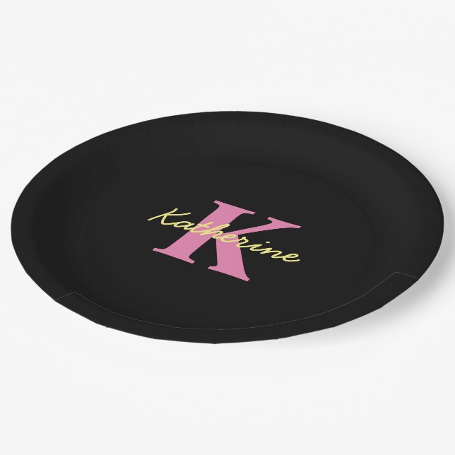 Personalized Monogrammed Black Modern Paper Plates (Angled)