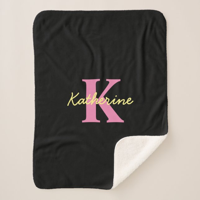 Personalized Monogrammed Black Modern Sherpa Blanket (Front)