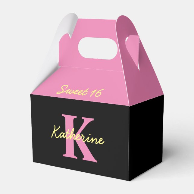 Personalized Monogrammed Black Modern Sweet 16 Favor Boxes (Front Side)