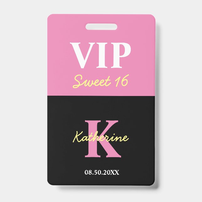 Personalized Monogrammed Black Modern Sweet 16 VIP Badge (Front)