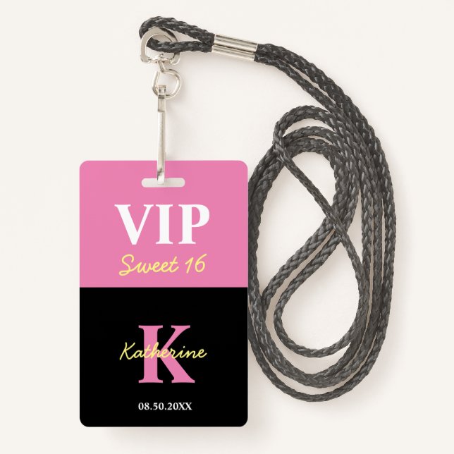 Personalized Monogrammed Black Modern Sweet 16 VIP Badge (Front with Lanyard)