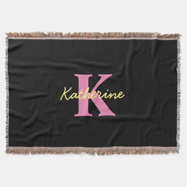 Personalized Monogrammed Black Modern Throw Blanket (Front)