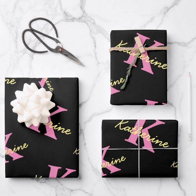 Personalized Monogrammed Black Modern Wrapping Paper Sheets (Front)