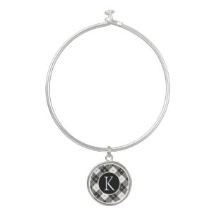 Personalized Monogrammed Black White Gold Plaid Bangle Bracelet
