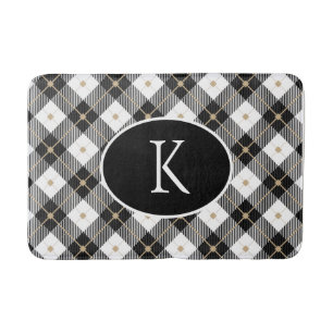 Personalized Monogrammed Black White Gold Plaid Bath Mat