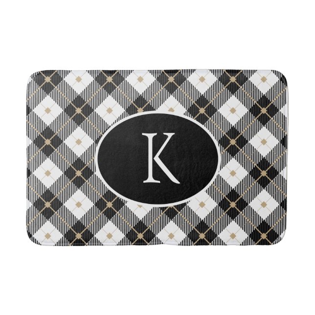 Personalized Monogrammed Black White Gold Plaid Bath Mat (Front)