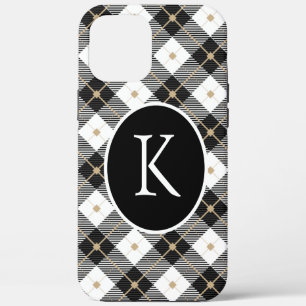 Personalized Monogrammed Black White Gold Plaid iPhone 12 Pro Max Case