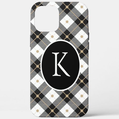Personalized Monogrammed Black White Gold Plaid iPhone 12 Pro Max Case