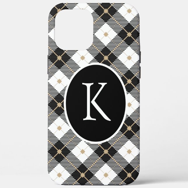 Personalized Monogrammed Black White Gold Plaid Case-Mate iPhone Case (Back)