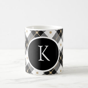 Personalized Monogrammed Black White Gold Plaid Coffee Mug