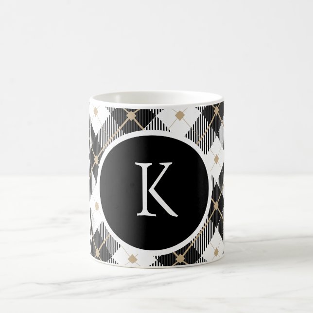Personalized Monogrammed Black White Gold Plaid Coffee Mug (Center)