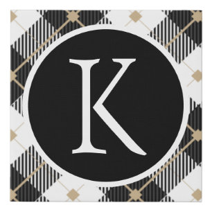 Personalized Monogrammed Black White Gold Plaid Faux Canvas Print