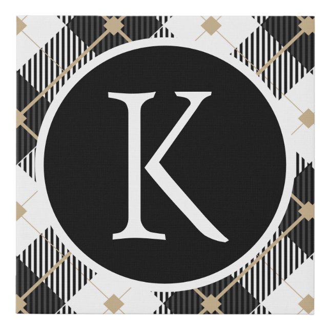 Personalized Monogrammed Black White Gold Plaid Faux Canvas Print (Front)