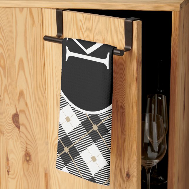 Personalized Monogrammed Black White Gold Plaid Kitchen Towel (Thirds Fold)