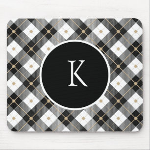 Personalized Monogrammed Black White Gold Plaid Mouse Pad