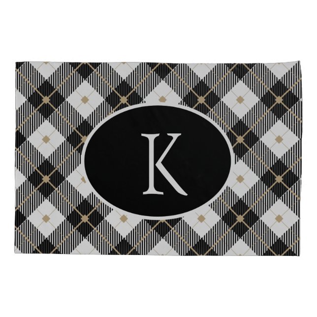 Personalized Monogrammed Black White Gold Plaid Pillow Case (Back)