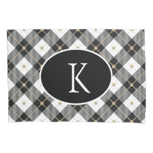 Personalized Monogrammed Black White Gold Plaid Pillow Case