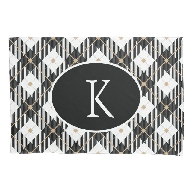 Personalized Monogrammed Black White Gold Plaid Pillow Case (Front)
